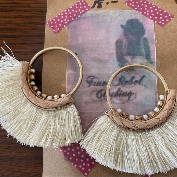 NEW Gold Tan Leather Braided Beaded Fringe Tassel Hoop Post Earrings - Picture 4 of 4